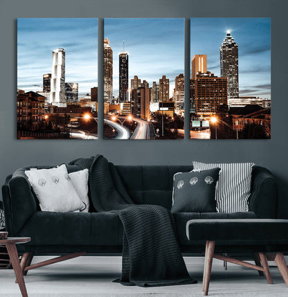 23859158-MGV-CV-60X30-3P-Atlanta Skyline Wall Art – Modern Cityscape Canvas Print with Night Lights and Traffic Trails, Urban Decor for Office, Apartment,