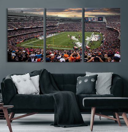 87578930-MGV-CV-60X30-3P-Soldier Field Wall Art – Chicago Bears Football Stadium Sunset Canvas Print, Game Day Sports Decor for Man Cave, Bar, Office, or