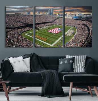98106777-MGV-CV-60X30-3P-Soldier Field Wall Art – Chicago Bears Stadium Canvas Print with American Flag, Game Day Football Decor for Man Cave, Bar, or