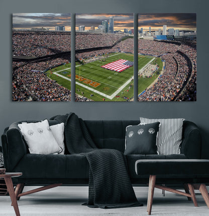98106777-MGV-CV-60X30-3P-Soldier Field Wall Art – Chicago Bears Stadium Canvas Print with American Flag, Game Day Football Decor for Man Cave, Bar, or