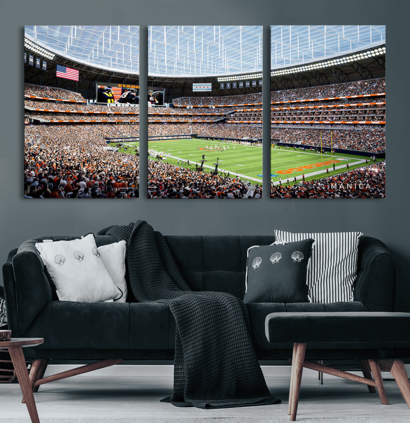 32530647-MGV-CV-36X24-Chicago Bears Stadium Wall Art – Futuristic Dome Arena Canvas Print, Modern Football Concept Design Decor for Man Cave, Bar, or