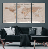 95243244-MGV-CV-60X30-3P-Wander Often Wonder Always World Map Wall Art – Neutral Beige Adventure Canvas Print, Rustic Boho Travel Decor for Bedroom, Living