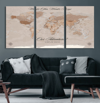 95243244-MGV-CV-60X30-3P-Wander Often Wonder Always World Map Wall Art – Neutral Beige Adventure Canvas Print, Rustic Boho Travel Decor for Bedroom, Living