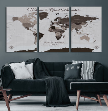 43749658-MGV-CV-60X30-3P-Welcome to Great Adventure World Map Wall Art – Charcoal Gray Canvas Print, Rustic Travel Decor for Living Room, Study, Office or