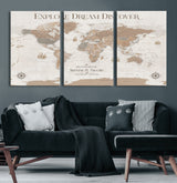 63516865-MGV-CV-60X30-3P-Explore Dream Discover World Map Wall Art – Inspirational Travel Adventure Canvas Print, Neutral Parchment Style Explorer Decor