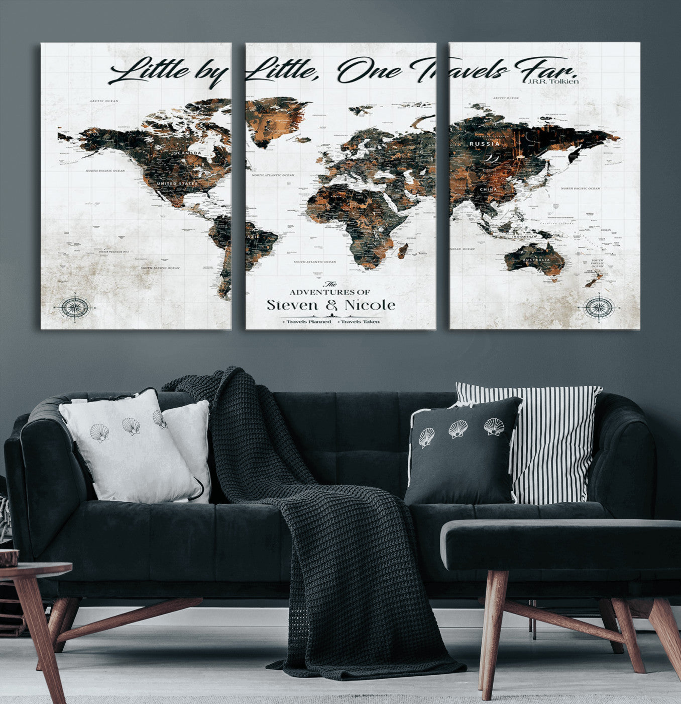 88337180-MGV-CV-60X30-3P-Little by Little One Travels Far Tolkien Quote World Map Rustic Black Brown Adventure Wall Art Canvas Print for Home Office Living