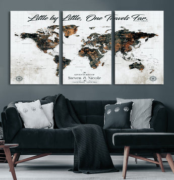 88337180-MGV-CV-60X30-3P-Little by Little One Travels Far Tolkien Quote World Map Rustic Black Brown Adventure Wall Art Canvas Print for Home Office Living
