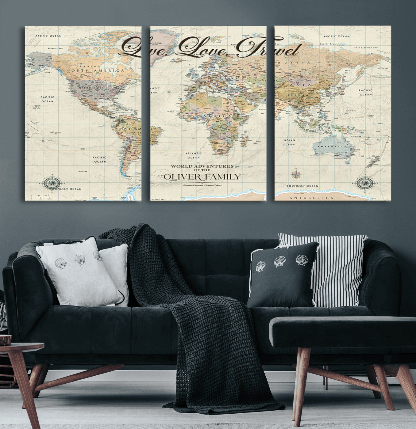 19479008-MGV-CV-60X30-3P-Live Love Travel Wall Art – Detailed World Map Canvas Print, Adventure Decor for Living Room, Office or Bedroom, Travel Gift for