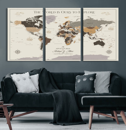 90024882-MGV-CV-60X30-3P-The World is Ours to Explore Wall Art – Earth Tone World Map Canvas Print, Adventure Travel Decor for Living Room, Office or