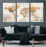 99422096-MGV-CV-60X30-3P-Adventure Awaits World Map Wall Art – Neutral Beige Canvas Print, Modern Travel Inspired Wall Decor for Living Room, Bedroom or
