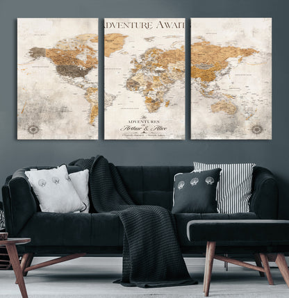 99422096-MGV-CV-60X30-3P-Adventure Awaits World Map Wall Art – Neutral Beige Canvas Print, Modern Travel Inspired Wall Decor for Living Room, Bedroom or