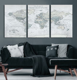 94249974-MGV-CV-60X30-3P-Ours Explore World Map Wall Art – Modern Travel Canvas Print, Neutral Adventure Decor for Living Room, Office, Study, Bedroom,