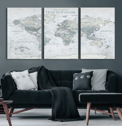 94249974-MGV-CV-60X30-3P-Ours Explore World Map Wall Art – Modern Travel Canvas Print, Neutral Adventure Decor for Living Room, Office, Study, Bedroom,