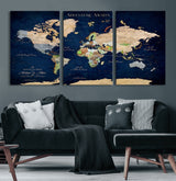 43160428-MGV-CV-60X30-3P-Adventure Awaits Navy Blue World Map – Vibrant Travel Canvas Wall Art, Antique Atlas Print, Wanderlust Decor for Home Office