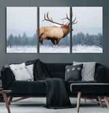 85177251-MGV-CV-60X30-3P-Elk Wall Art – Majestic Wildlife Canvas Print of Bull Elk Snowy Forest, Rustic Nature Decor for Living Room, Cabin, or Office