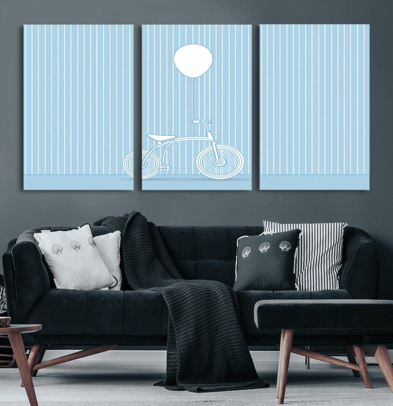 56479838-MGV-CV-60X30-3P-Bicycle Wall Art – Minimalist Blue Canvas Print with Balloon Illustration, Modern Decor Artwork for Kids Room, Nursery, or Living