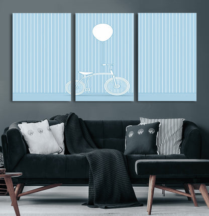 56479838-MGV-CV-60X30-3P-Bicycle Wall Art – Minimalist Blue Canvas Print with Balloon Illustration, Modern Decor Artwork for Kids Room, Nursery, or Living