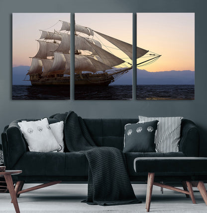 31270610-MGV-CV-60X30-3P-Sailing Ship Wall Art – Sunset Seascape Canvas Print with Tall Ship at Sea, Nautical Ocean Decor for Living Room, Office, or