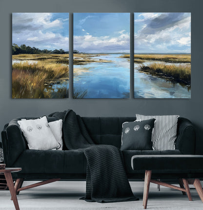 87082041-MGV-CV-60X30-3P-Marshland Landscape Wall Art – Serene Nature Canvas Print with Blue Sky and Reflections, Tranquil Scenic Painting for Living Room,
