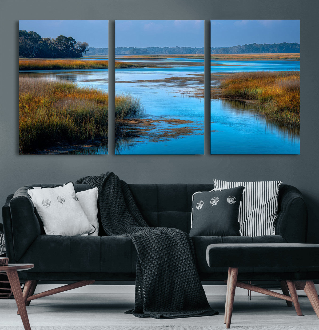 26300004-MGV-CV-36X24-Tranquil Marshland Canvas Wall Art – Blue Water, Reflective Sky, Golden Grasses, Calm Nature Landscape, Scenic Outdoor Beauty for