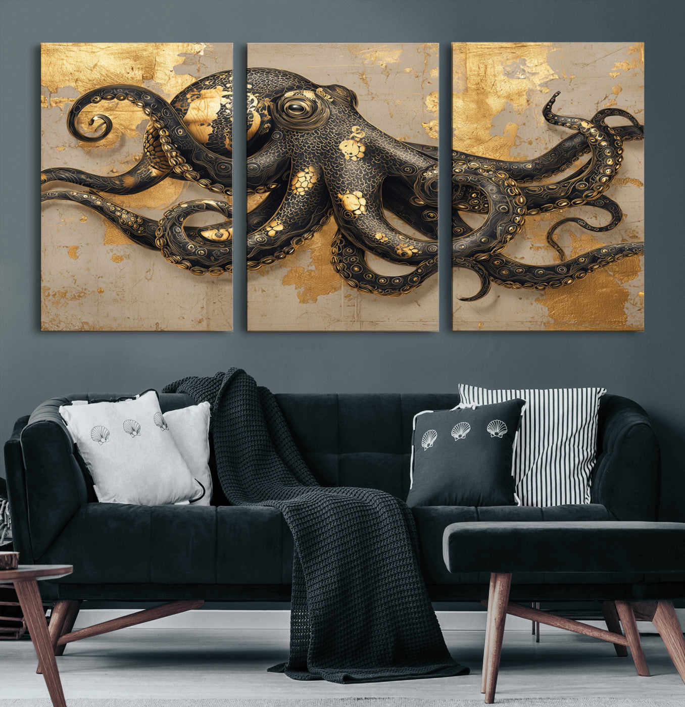 57944271-MGV-CV-60X30-3P-Octopus Wall Art – Black and Gold Nautical Canvas Print, Modern Ocean Inspired Artwork with Elegant Detailing, Coastal Marine