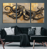 57944271-MGV-CV-60X30-3P-Octopus Wall Art – Black and Gold Nautical Canvas Print, Modern Ocean Inspired Artwork with Elegant Detailing, Coastal Marine
