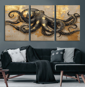 57944271-MGV-CV-60X30-3P-Octopus Wall Art – Black and Gold Nautical Canvas Print, Modern Ocean Inspired Artwork with Elegant Detailing, Coastal Marine