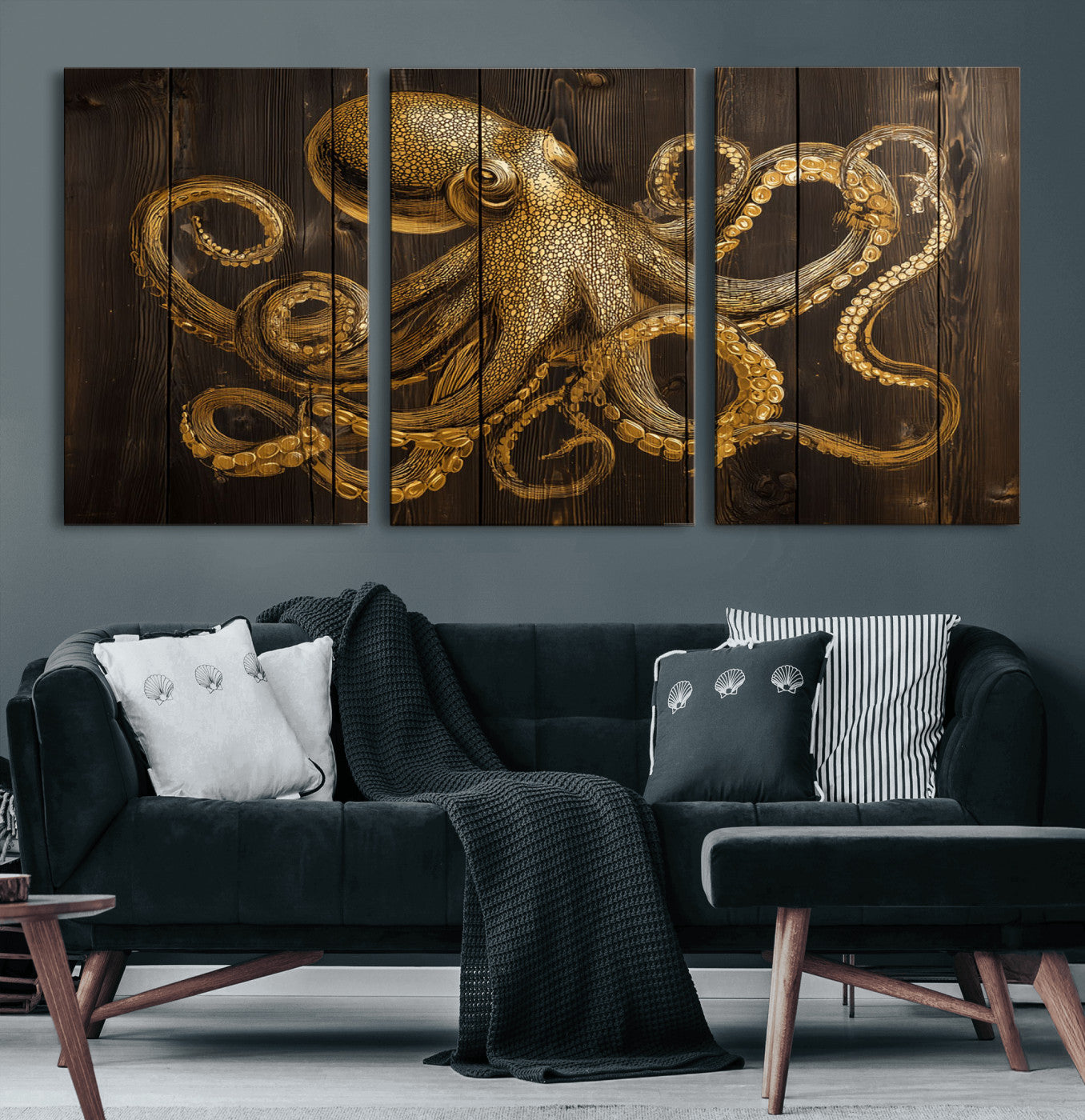 56769669-MGV-CV-60X30-3P-Octopus Wall Art – Gold Nautical Canvas Print with Rustic Wood Panel Design, Detailed Marine Artwork for Coastal Ocean Decoration