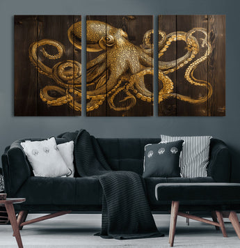 56769669-MGV-CV-60X30-3P-Octopus Wall Art – Gold Nautical Canvas Print with Rustic Wood Panel Design, Detailed Marine Artwork for Coastal Ocean Decoration
