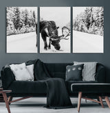 38956835-MGV-CV-60X30-3P-Moose Wall Art – Black and White Wildlife Canvas Print with Snowy Forest Road, Rustic Nature Photography for Cabin, Lodge, Living