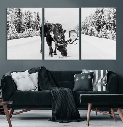 38956835-MGV-CV-60X30-3P-Moose Wall Art – Black and White Wildlife Canvas Print with Snowy Forest Road, Rustic Nature Photography for Cabin, Lodge, Living