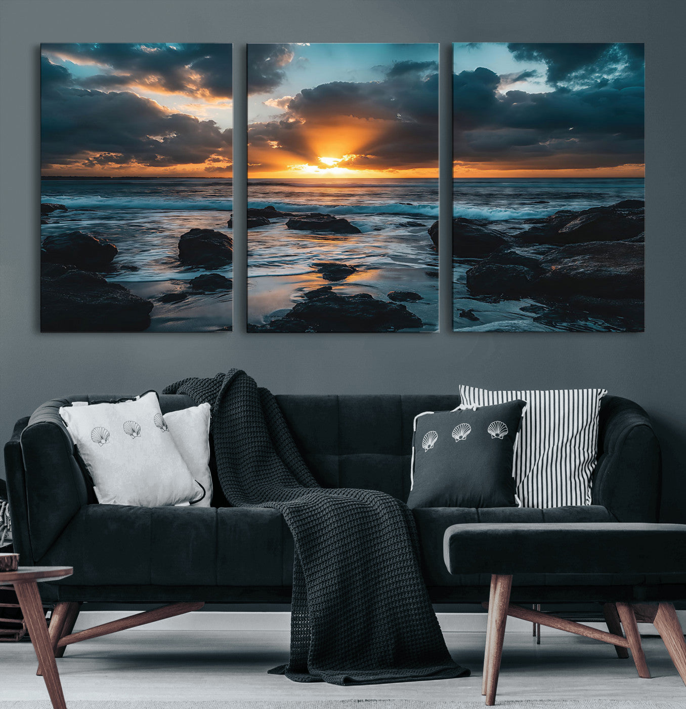 66040852-MGV-CV-36X24-Ocean Sunset Canvas Wall Art – Rocky Shore Waves, Dramatic Clouds, Golden Sun Rays, Coastal Nature, Serene Water Reflection for