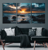 66040852-MGV-CV-36X24-Ocean Sunset Canvas Wall Art – Rocky Shore Waves, Dramatic Clouds, Golden Sun Rays, Coastal Nature, Serene Water Reflection for