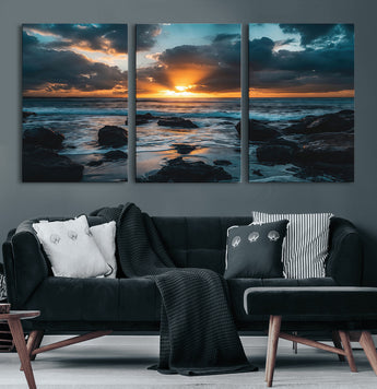 66040852-MGV-CV-36X24-Ocean Sunset Canvas Wall Art – Rocky Shore Waves, Dramatic Clouds, Golden Sun Rays, Coastal Nature, Serene Water Reflection for
