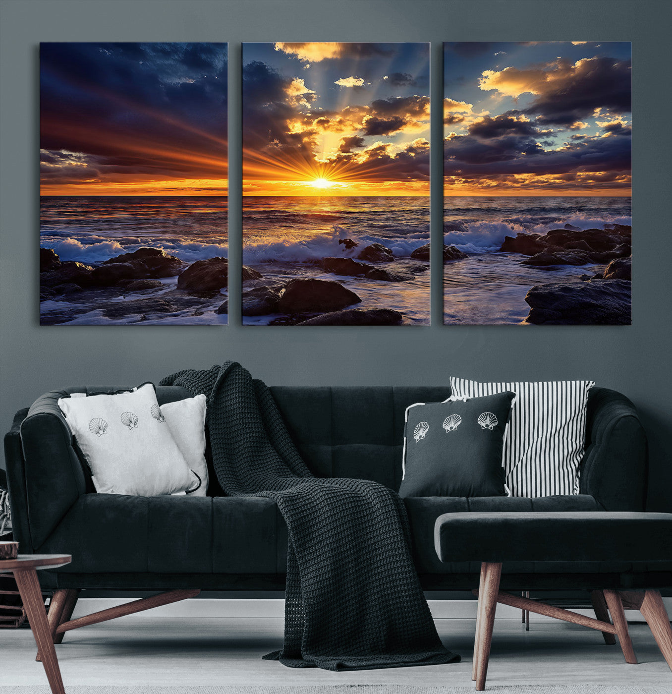 35900590-MGV-CV-60X30-3P-Ocean Sunset Wall Art – Vivid Seascape Canvas Print with Sunburst Sky, Crashing Waves and Rocky Shore, Dramatic Coastal