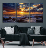 35900590-MGV-CV-60X30-3P-Ocean Sunset Wall Art – Vivid Seascape Canvas Print with Sunburst Sky, Crashing Waves and Rocky Shore, Dramatic Coastal