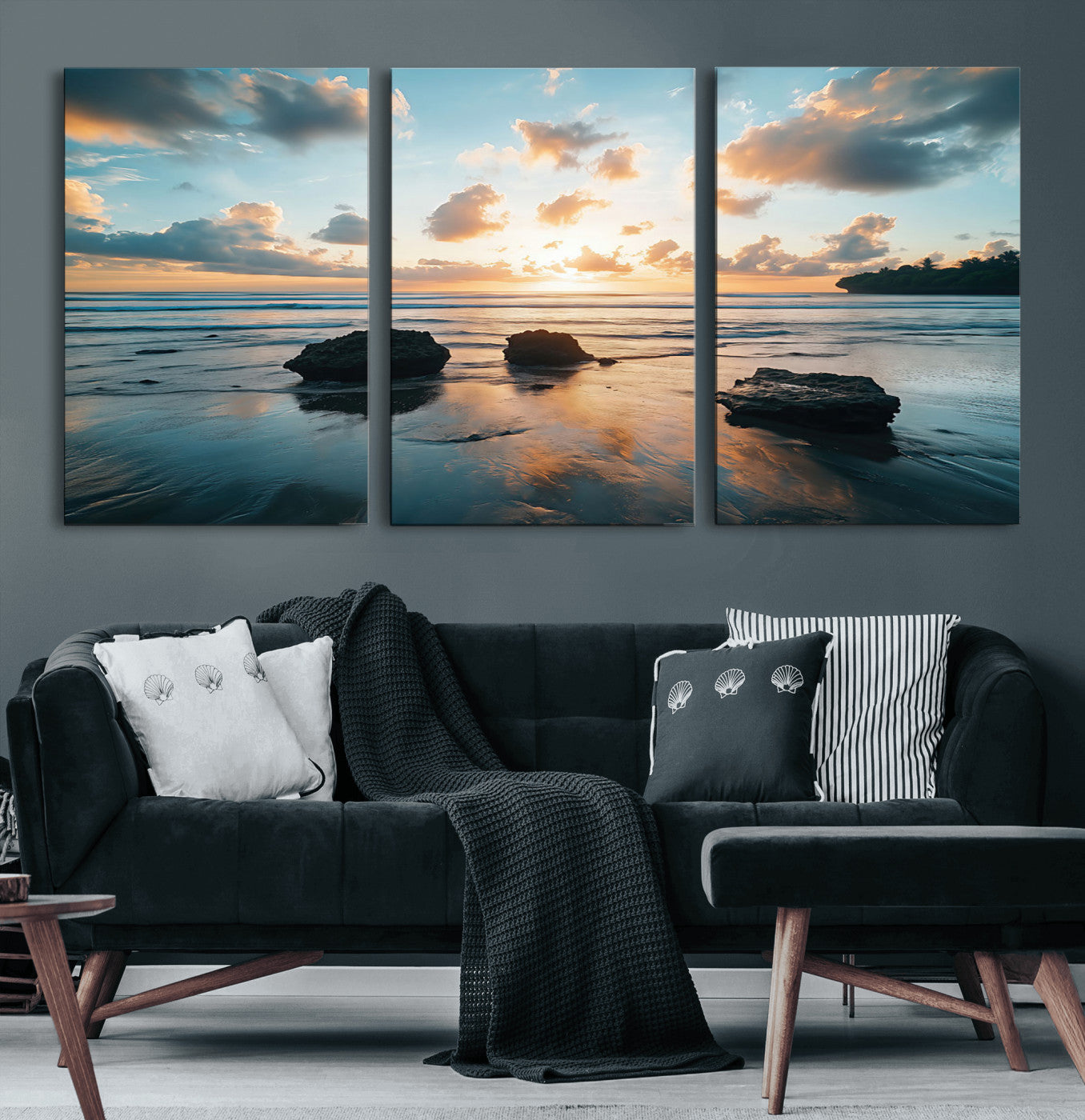 23879436-MGV-CV-36X24-Ocean Sunset Wall Art – Serene Seascape Canvas Print with Golden Sky, Reflections on Sand and Calm Waves, Peaceful Coastal