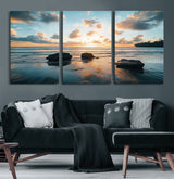 23879436-MGV-CV-36X24-Ocean Sunset Wall Art – Serene Seascape Canvas Print with Golden Sky, Reflections on Sand and Calm Waves, Peaceful Coastal