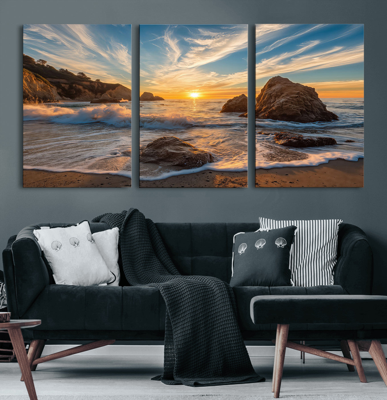 85659923-MGV-CV-36X24-Rocky Ocean Sunset Canvas Wall Art – Seaside Dramatic Seascape Print, Coastal Modern Decor, Ocean Sunset Art for Living Room or