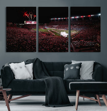 60690191-MGV-CV-60X30-3P-Stadium Wall Art – Night Game Football Canvas Print with Fireworks, Marching Band and Crowd, Panoramic Sports Photography for Man
