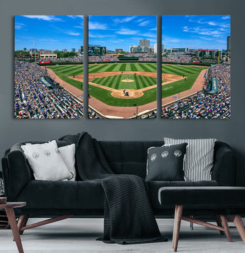 56213978-MGV-CV-36X24-Wrigley Field Baseball Stadium Canvas Wall Art – Packed Crowd Sports Stadium Print, City Skyline Baseball Field Canvas for Game