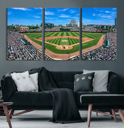 56213978-MGV-CV-60X30-3P-Baseball Stadium Wall Art – Panoramic Ballpark Canvas Print with Fans, Green Field and City Skyline, Classic Sports Photography