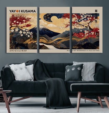 66892669-MGV-CV-36X24-Yayoi Kusama Japanese Inspired Canvas Print – Mt. Fuji & Floral Scene Wall Art, Framed Asian Style Canvas for Home, Office or