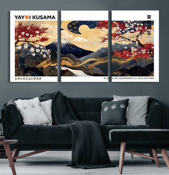 28945903-MGV-CV-36X24-Yayoi Kusama Inspired Japanese Art Canvas Print – Framed Floral & Mt. Fuji Wall Decor, Modern Asian Style Canvas for Home, Office,