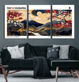 28945903-MGV-CV-60X30-3P-Japanese Wall Art – Mount Fuji Canvas Print with Cherry Blossoms and Golden Wave Motifs, Traditional Asian Inspired Artwork for