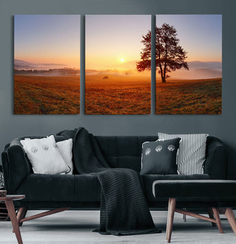 57919623-MGV-CV-60X30-3P-Sunrise Landscape Wall Art – Golden Morning Canvas Print with Tree, Misty Hills and Open Field, Peaceful Nature Photography for