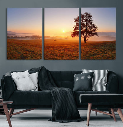 57919623-MGV-CV-60X30-3P-Sunrise Landscape Wall Art – Golden Morning Canvas Print with Tree, Misty Hills and Open Field, Peaceful Nature Photography for