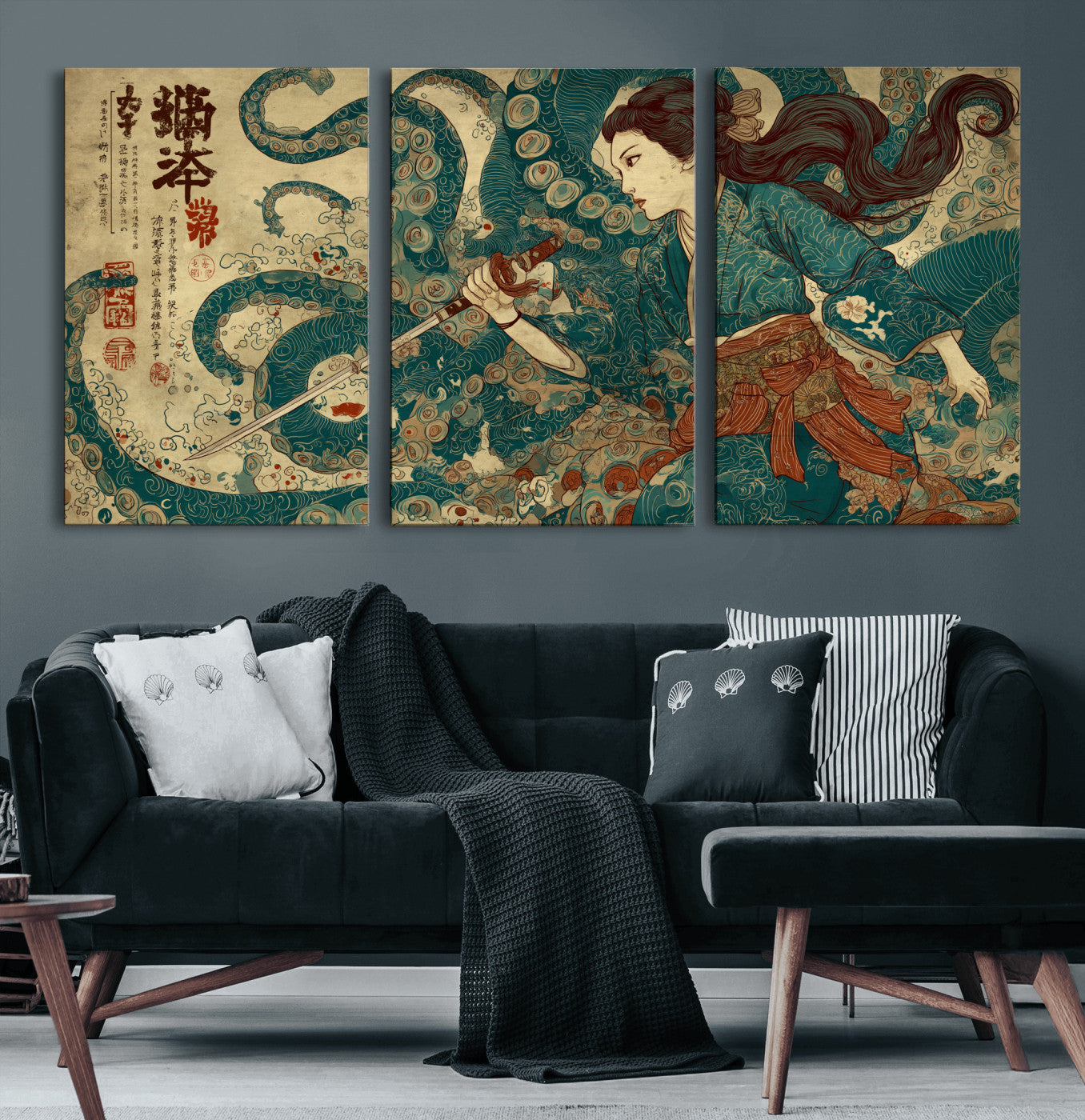 46837670-MGV-CV-36X24-Tsukioka Yoshitoshi Samurai Wall Art Print, Japanese Katana Warrior Canvas Wall Art, Octopus Sea Monster Canvas Print,