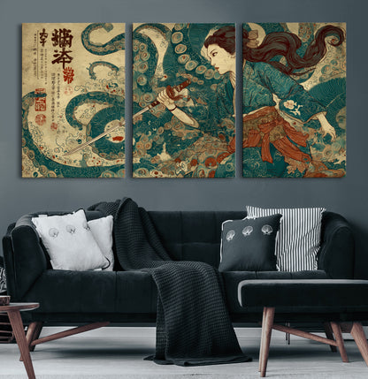 46837670-MGV-CV-36X24-Tsukioka Yoshitoshi Samurai Wall Art Print, Japanese Katana Warrior Canvas Wall Art, Octopus Sea Monster Canvas Print,