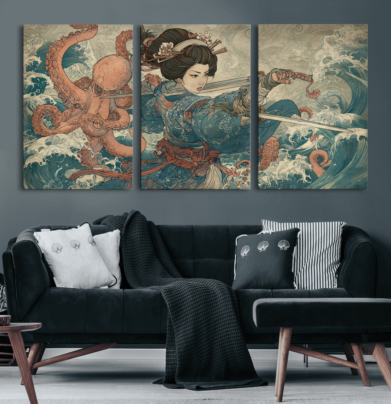 52037775-MGV-CV-36X24-Tsukioka Yoshitoshi Samurai Wall Art Print, Japanese Katana Warrior Canvas Wall Art, Octopus Sea Monster Canvas Print,